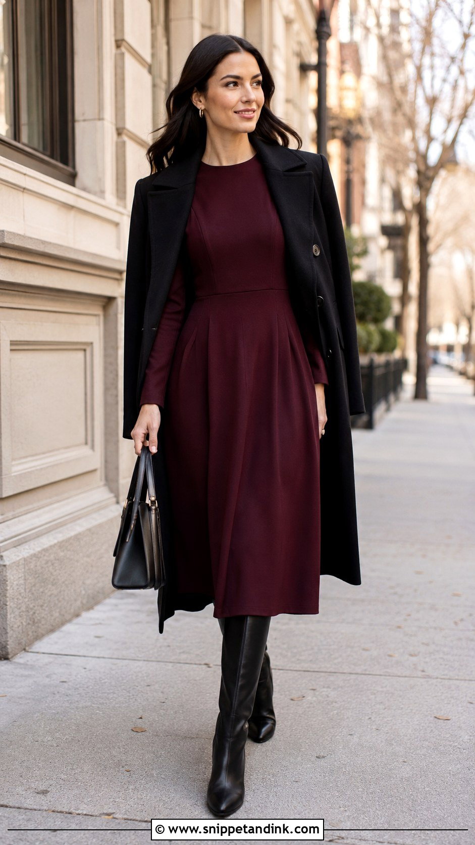 Long Sleeve Princess Cut Dress With Knee Boots - Snippet and Ink - 30 Princess Cut Dress Ideas