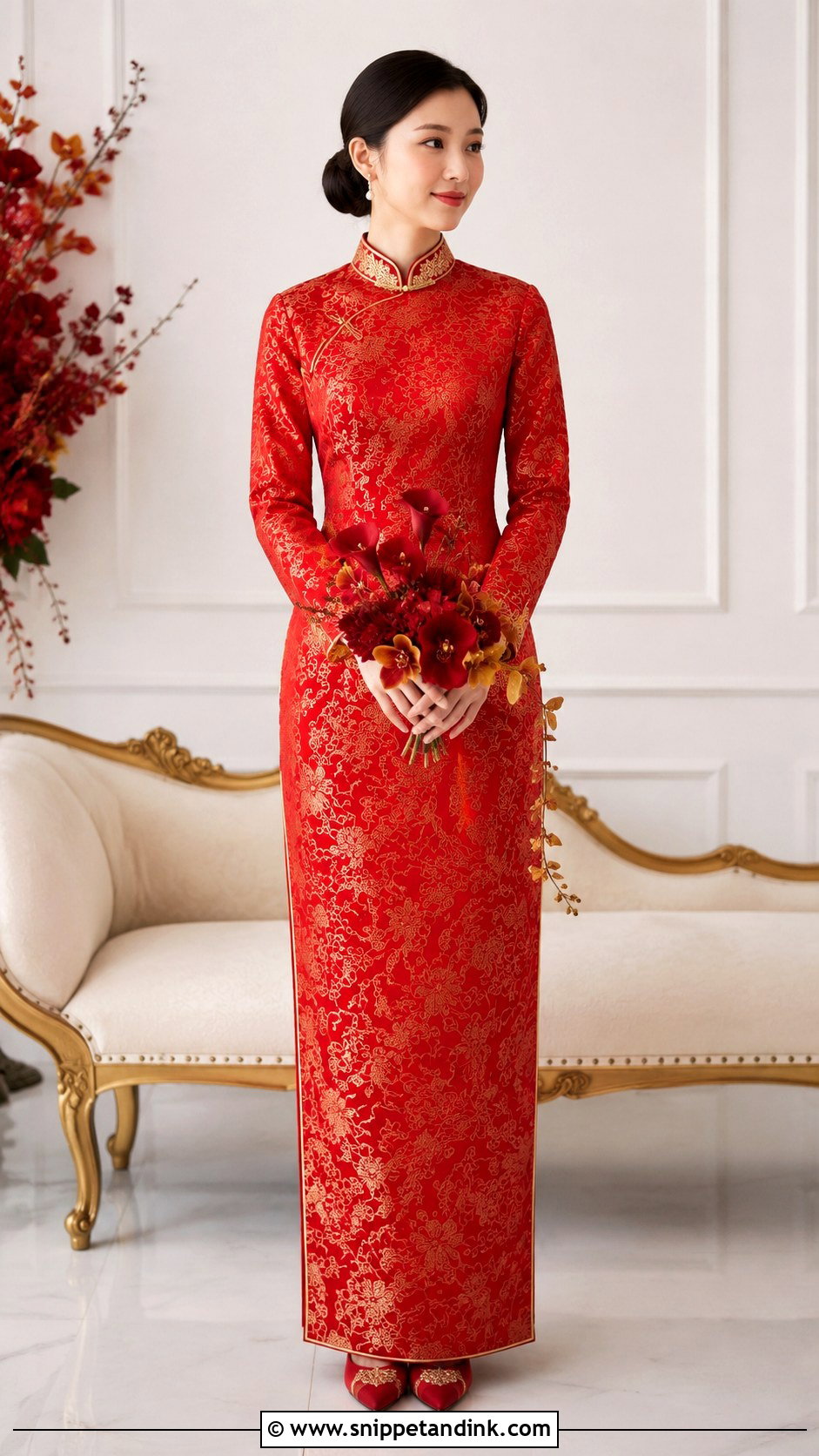 Long Sleeve Qipao Wedding Dress - Snippet and Ink - 25 Traditional Chinese Wedding Dress Ideas
