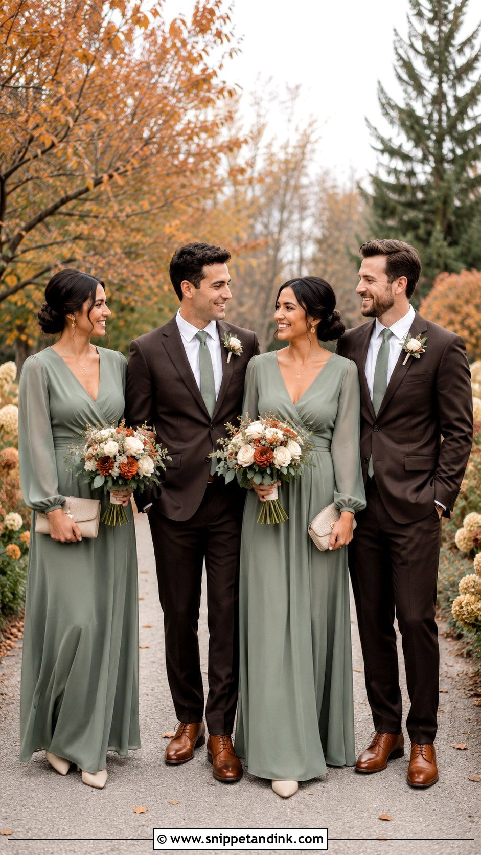Long Sleeve Sage Green Dresses With Dark Brown Suits - Snippet and Ink - 20 Green Wedding Party Attire Ideas