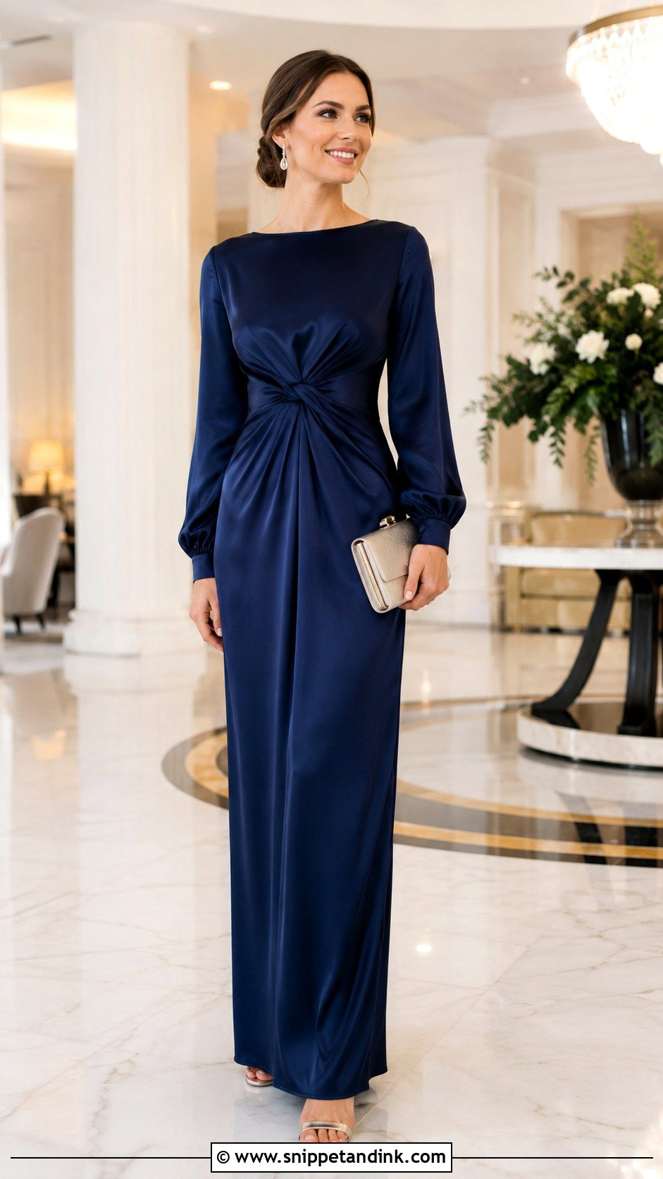 Long Sleeve Satin Maxi Dress Winter Wedding Outfit - Snippet and Ink - 30 Winter Wedding Outfit Ideas