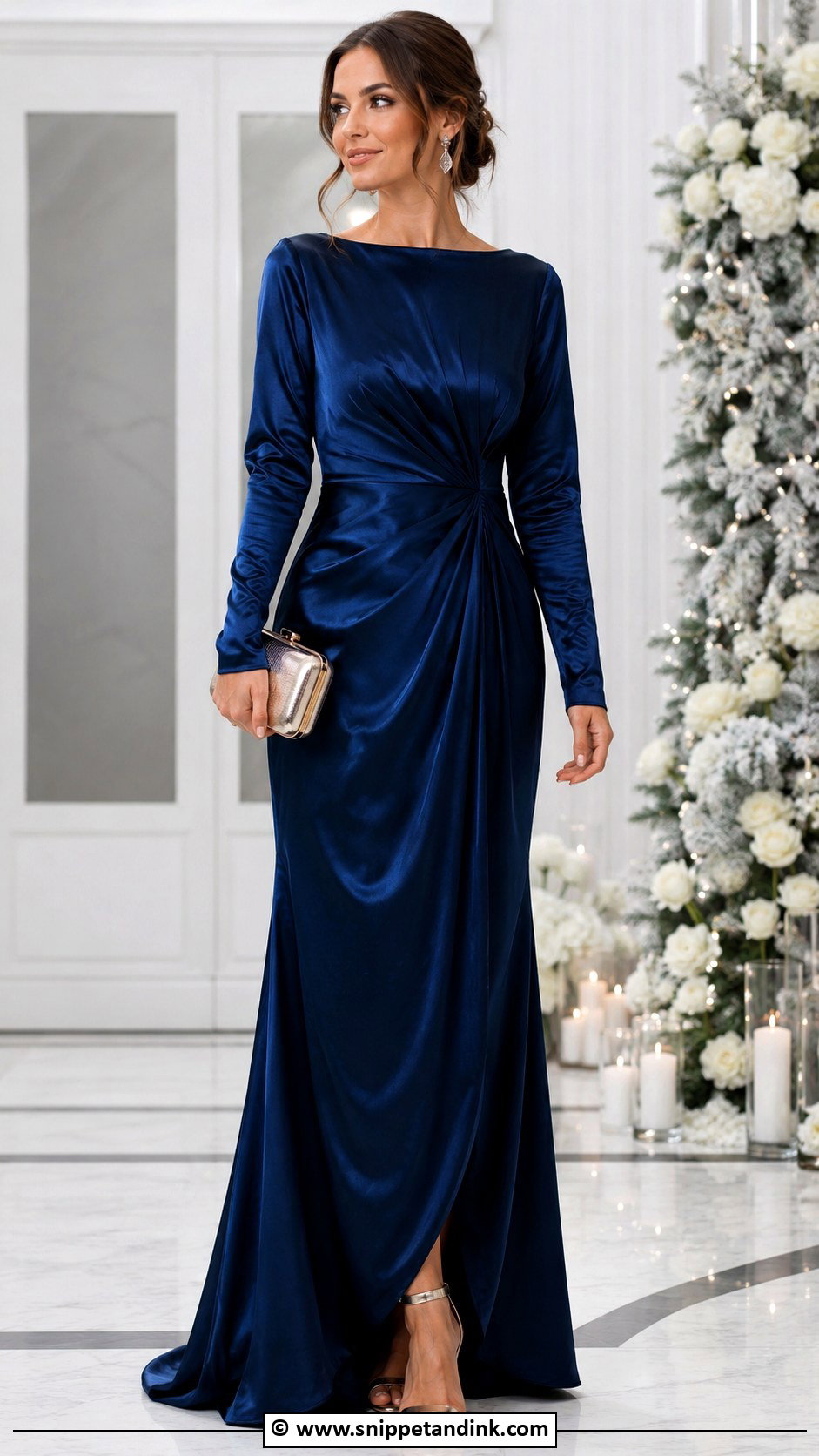 Long Sleeve Satin Maxi Dress With Metallic Heels - Snippet and Ink - 35 Winter Wedding Dress Ideas