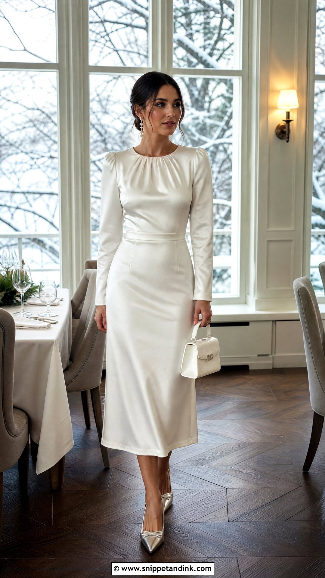 Long Sleeve Satin Midi Dress for Winter Rehearsal Dinner - Snippet and Ink - 20 Winter Rehearsal Dinner Outfit for Bride Ideas
