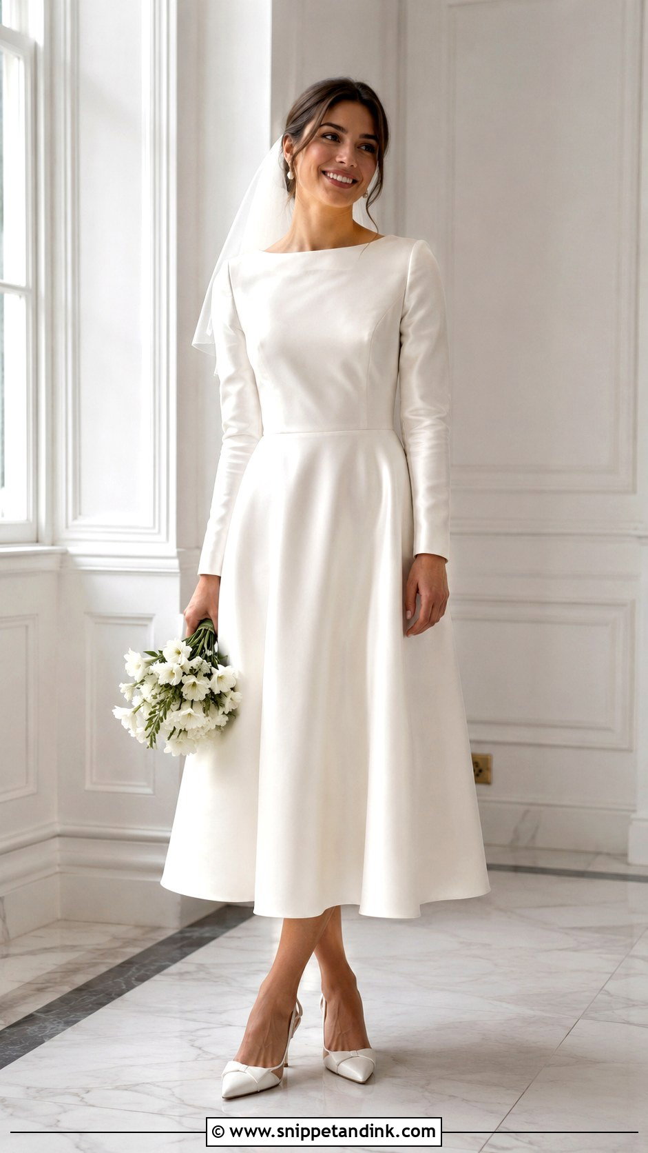 Long Sleeve Satin Tea Length Wedding Dress - Snippet and Ink - 25 Long Sleeve Satin Wedding Dress Ideas