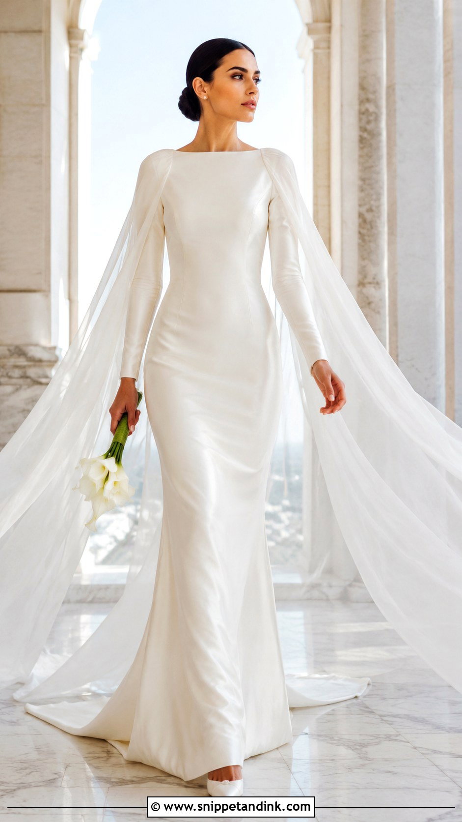 Long Sleeve Satin Wedding Dress With Cape Veil - Snippet and Ink - 25 Long Sleeve Satin Wedding Dress Ideas