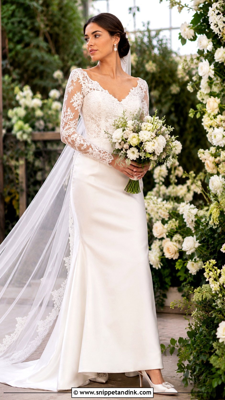 Long Sleeve Satin Wedding Dress With Lace Applique - Snippet and Ink - 25 Long Sleeve Satin Wedding Dress Ideas