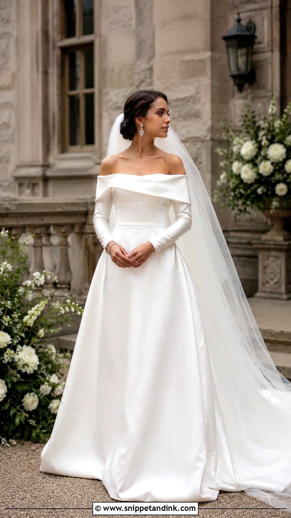 Long Sleeve Satin Wedding Dress With Off Shoulder Neckline - Snippet and Ink - 25 Long Sleeve Satin Wedding Dress Ideas