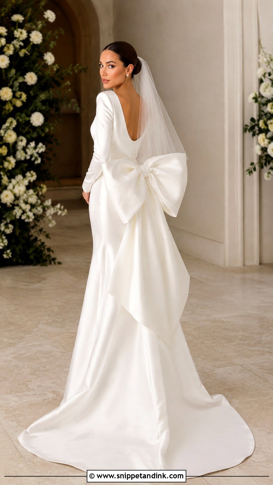 Long Sleeve Satin Wedding Dress With Oversized Bow - Snippet and Ink - 25 Long Sleeve Satin Wedding Dress Ideas