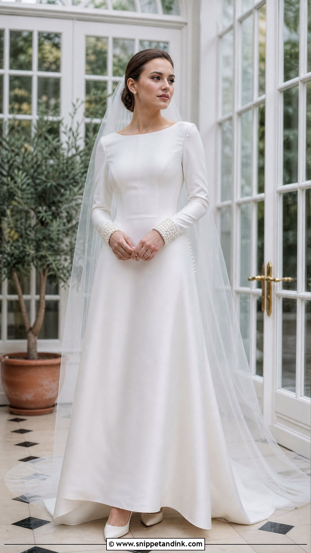 Long Sleeve Satin Wedding Dress With Pearl Cuffs - Snippet and Ink - 20 Satin and Pearl Wedding Dress Ideas