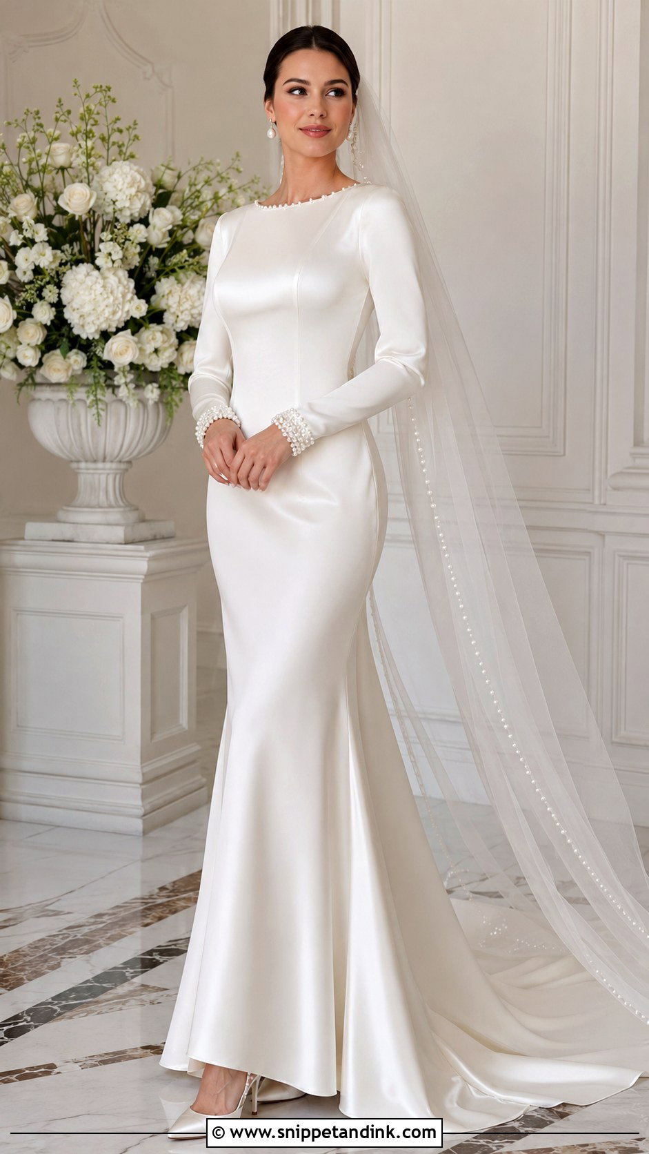 Long Sleeve Satin Wedding Dress With Pearl Details - Snippet and Ink - 25 Long Sleeve Satin Wedding Dress Ideas