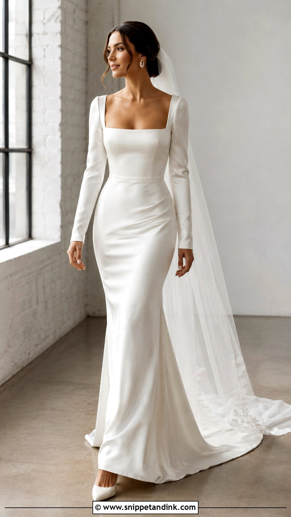 Long Sleeve Satin Wedding Dress With Square Neck - Snippet and Ink - 25 Long Sleeve Satin Wedding Dress Ideas