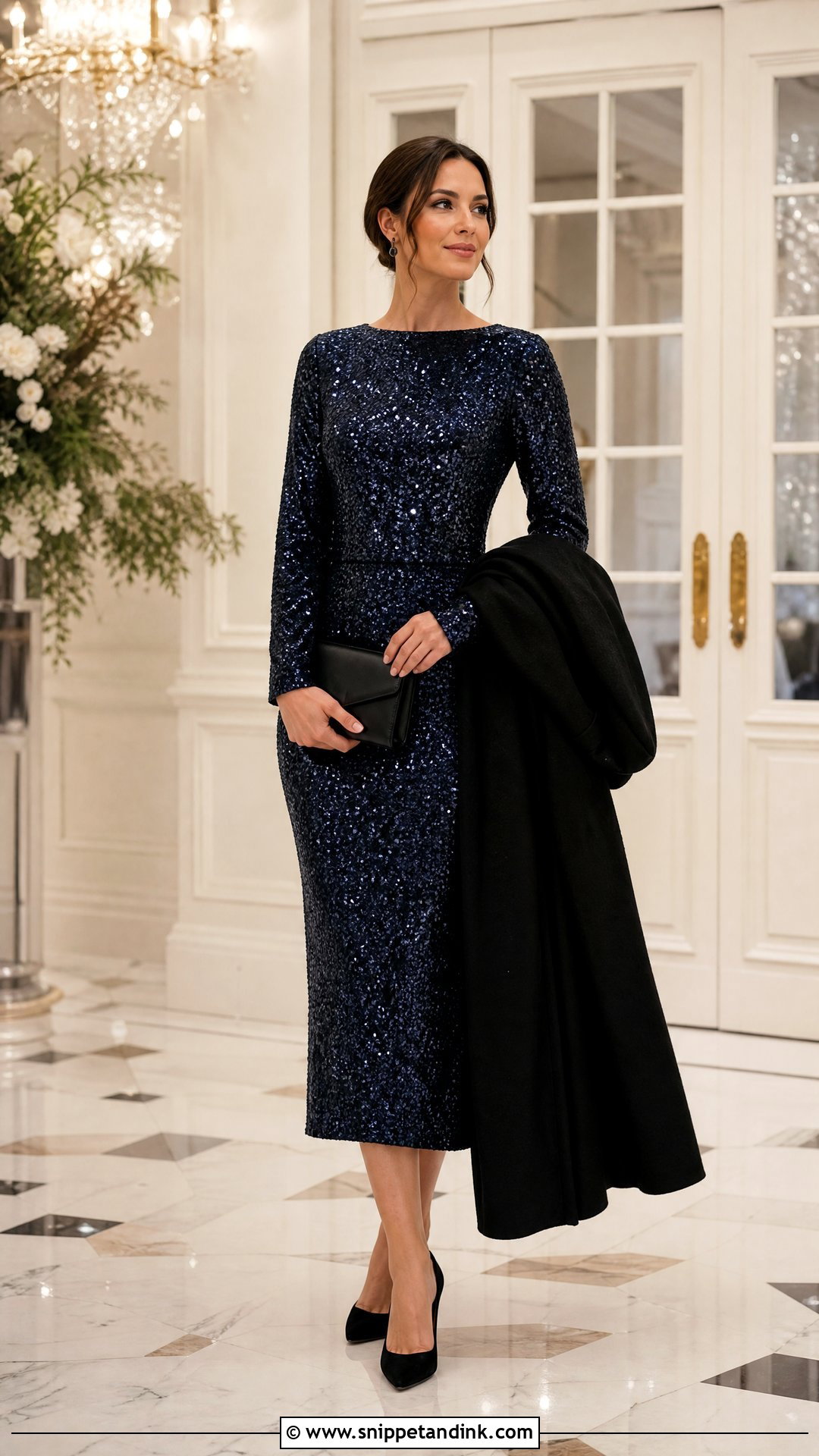 Long Sleeve Sequin Midi Winter Wedding Outfit - Snippet and Ink - 20 Winter Outfits for Wedding