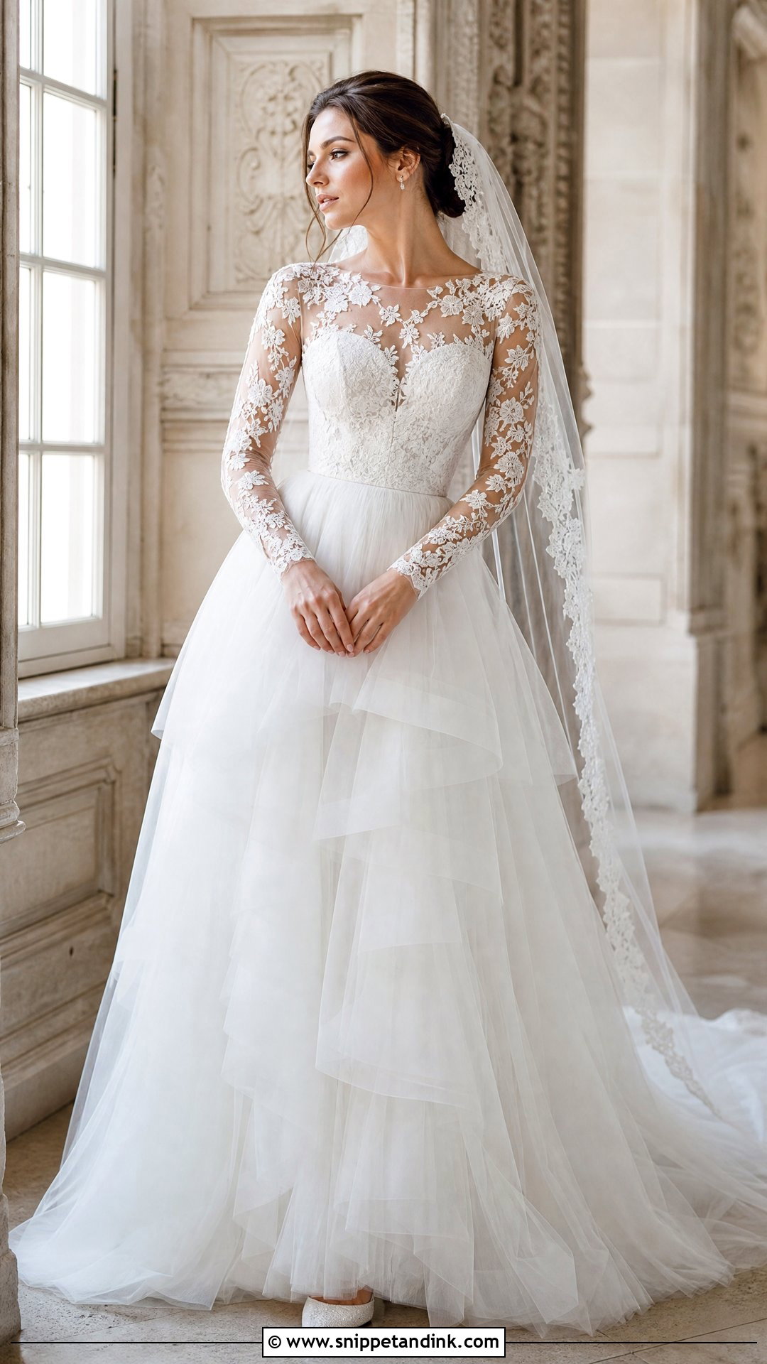 Long Sleeve Tiered Tulle Wedding Dress - Snippet and Ink - 20 Tiered Tulle Wedding Dress Ideas