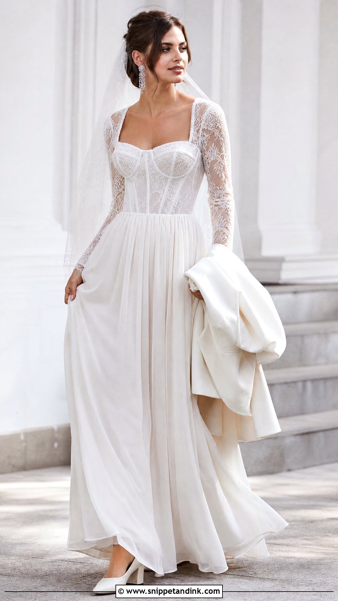 Long Sleeve Wedding Corset Top With Chiffon Skirt - Snippet and Ink - 20 Wedding Corset Top Ideas