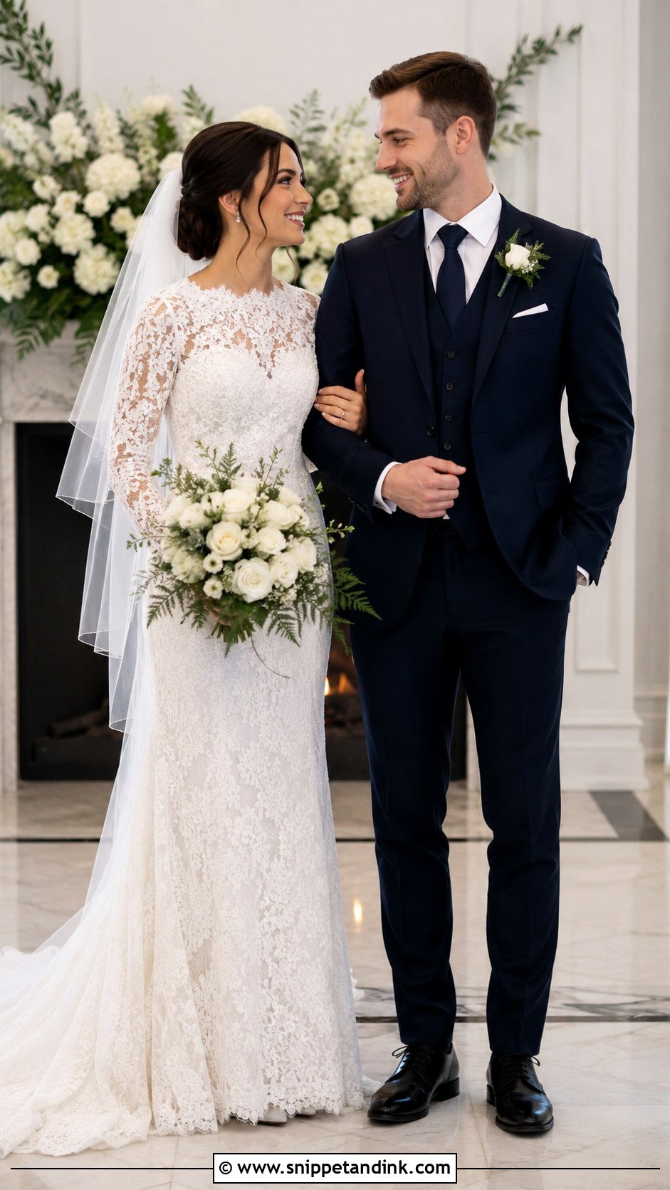 Long Sleeve Wedding Dress And Three Piece Suit Wedding Couple Outfit - Snippet and Ink - 25 Wedding Couple Outfits