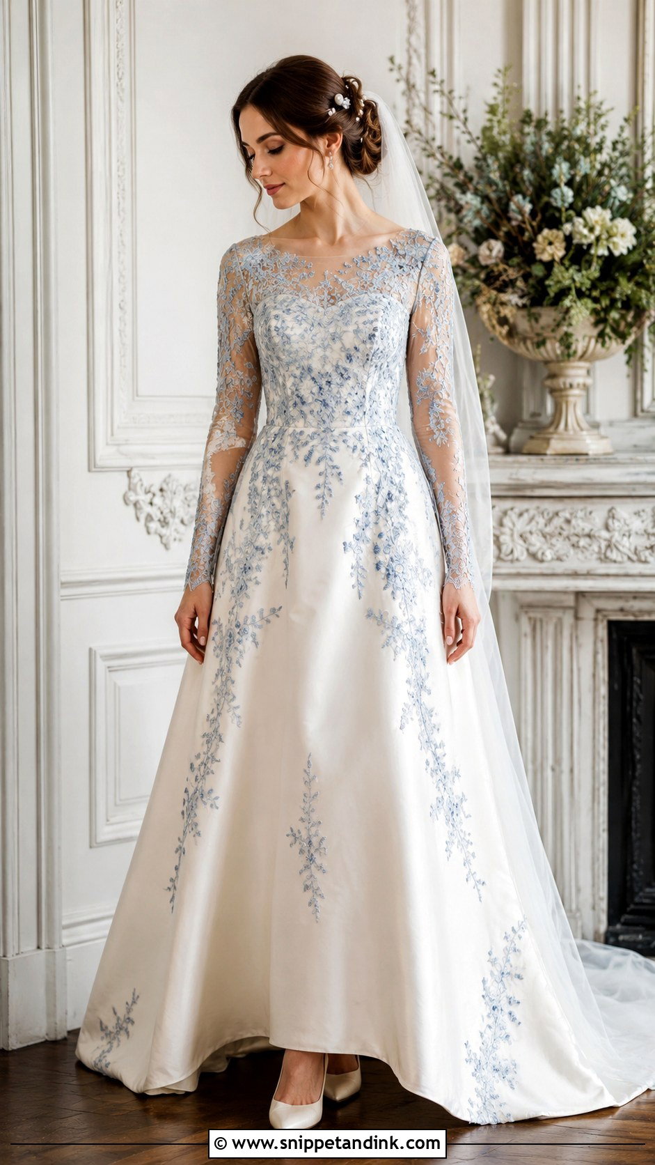 Long Sleeve Wedding Dress With Blue Embroidery - Snippet and Ink - 25 Wedding Dress with Blue Accents Ideas