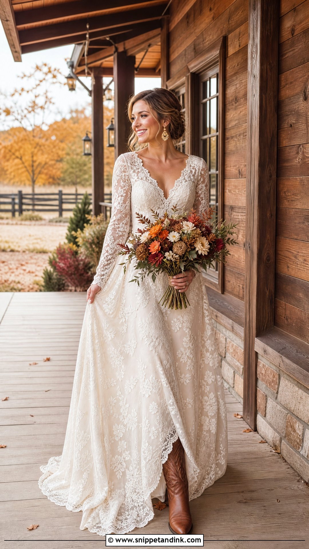 Long Sleeve Wedding Dress With Brown Cowgirl Boots - Snippet and Ink - 25 Wedding Cowgirl Boots Ideas