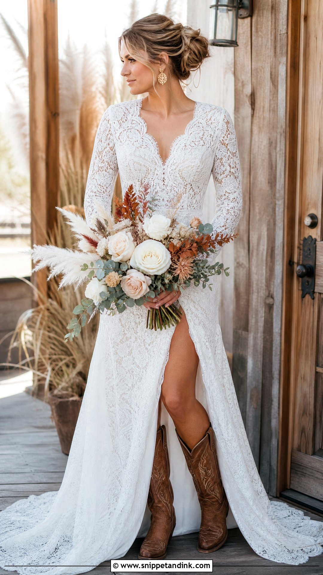 Long Sleeve Wedding Dress With Cognac Cowboy Boots - Snippet and Ink - 20 Wedding Dress and Cowboy Boots Ideas