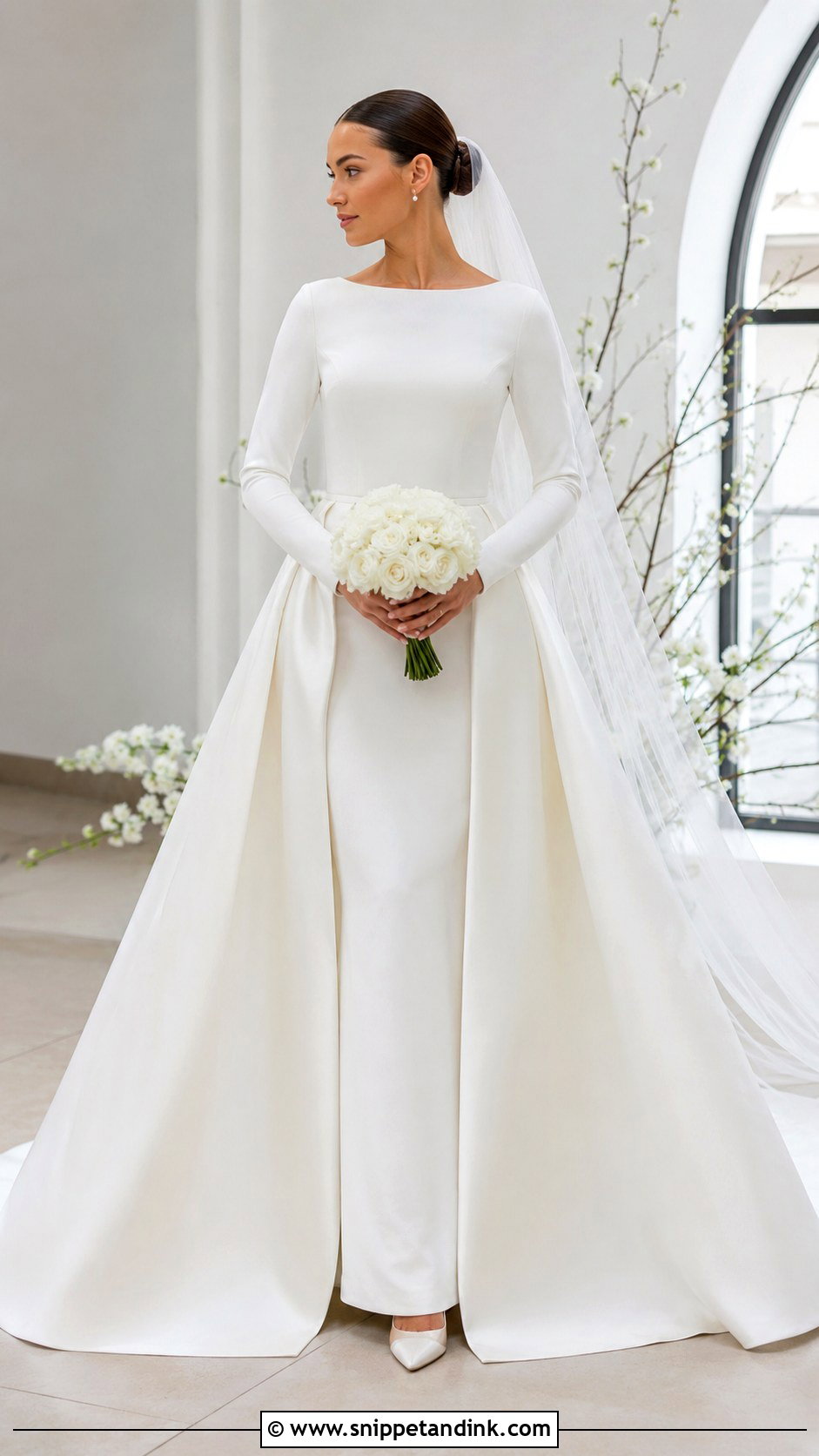 Long Sleeve Wedding Dress With Detachable Overskirt - Snippet and Ink - 20 Long Sleeve Minimalist Wedding Dress Ideas