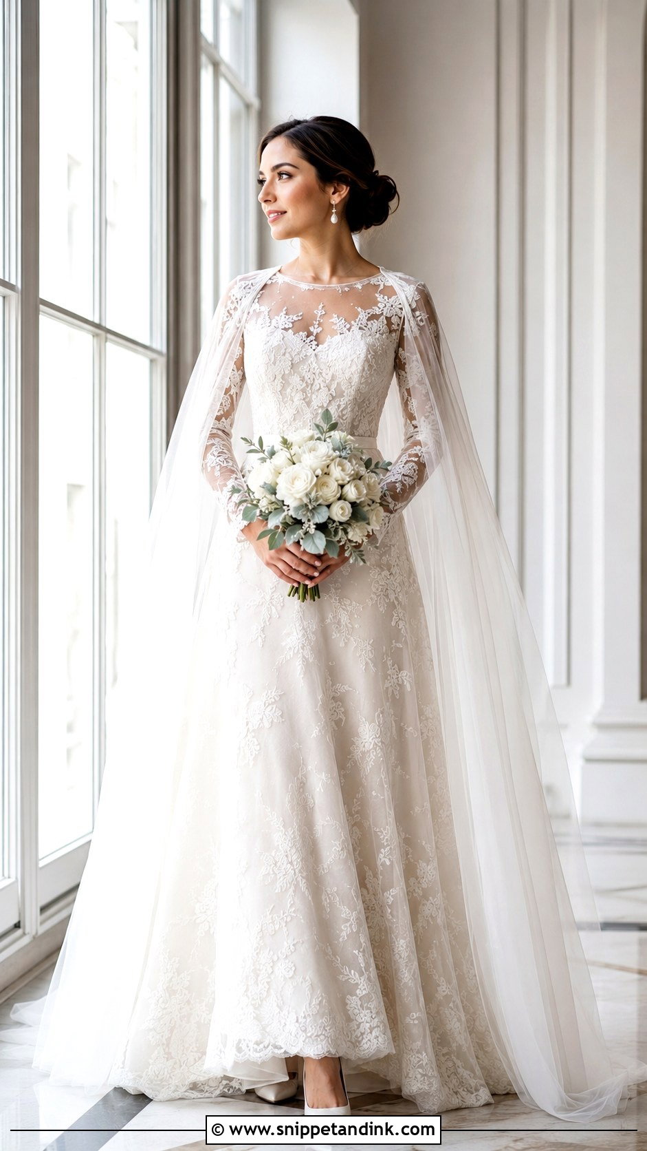 Long Sleeve Wedding Dress With Detachable Sheer Cape - Snippet and Ink - 20 Detachable Cape Wedding Dress Ideas