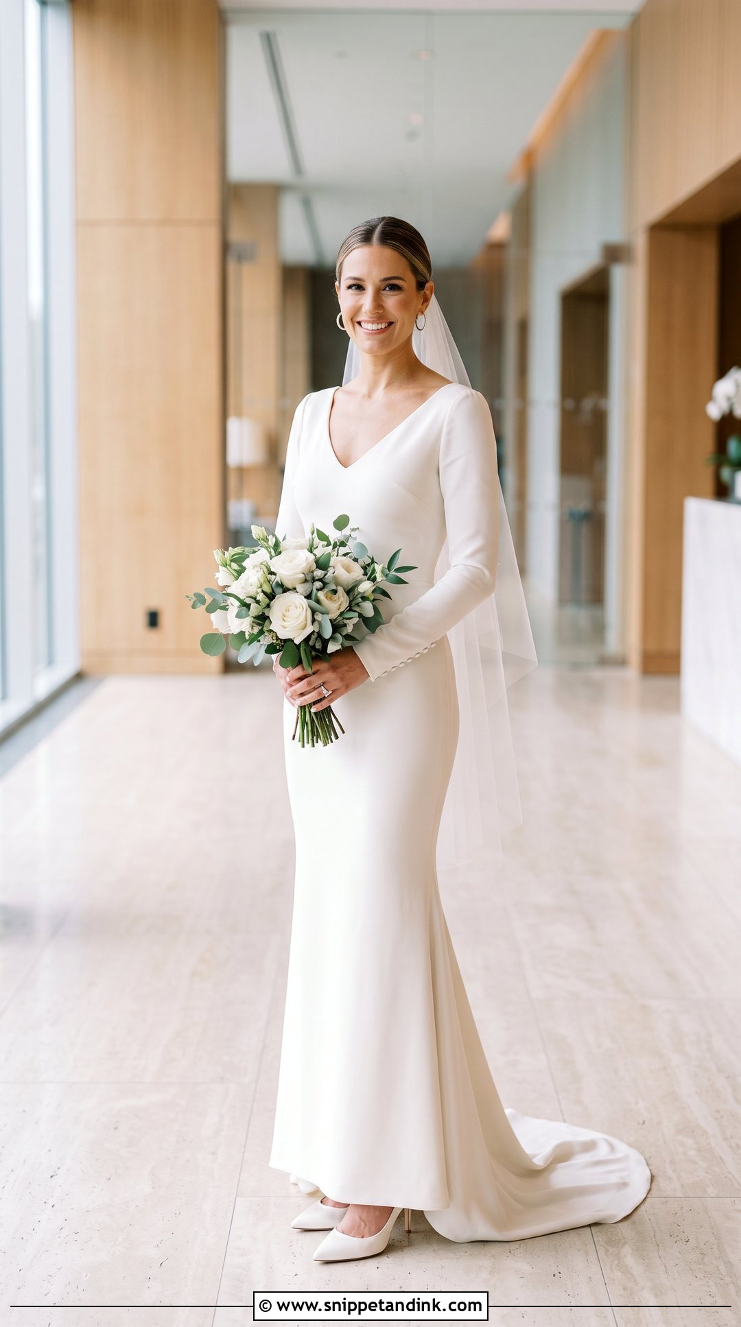 Long Sleeve Wedding Dress With Low Bun - Snippet and Ink - 20 Jennifer Aniston Wedding Dress Ideas