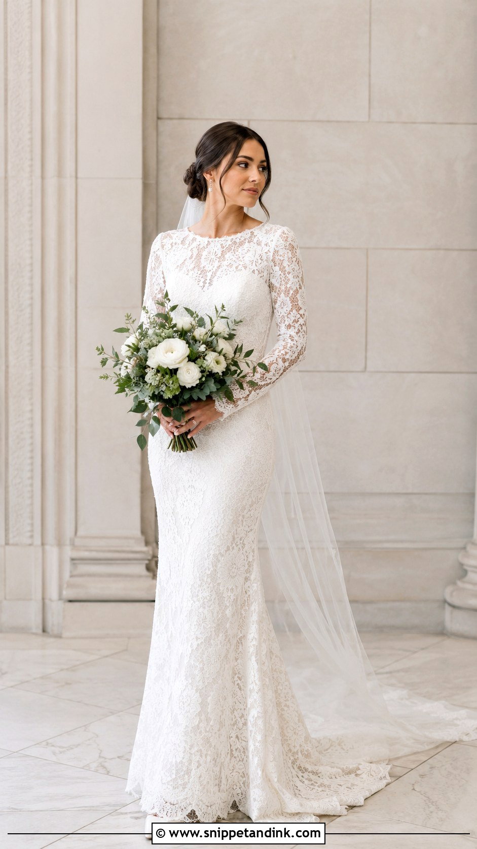 Long Sleeve Wedding Dress With Low Bun - Snippet and Ink - 25 Wedding Dress Style Ideas