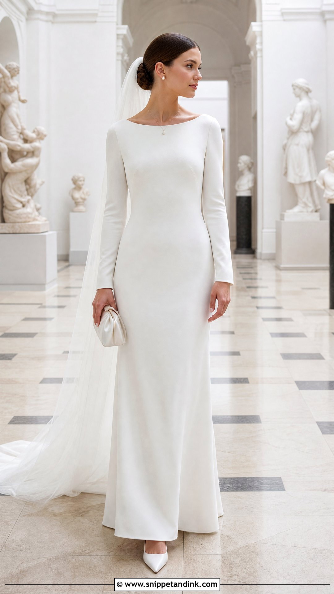 Long Sleeve Wedding Dress With Pearl Pendant - Snippet and Ink - 20 Pearl Necklace Wedding Dress Ideas