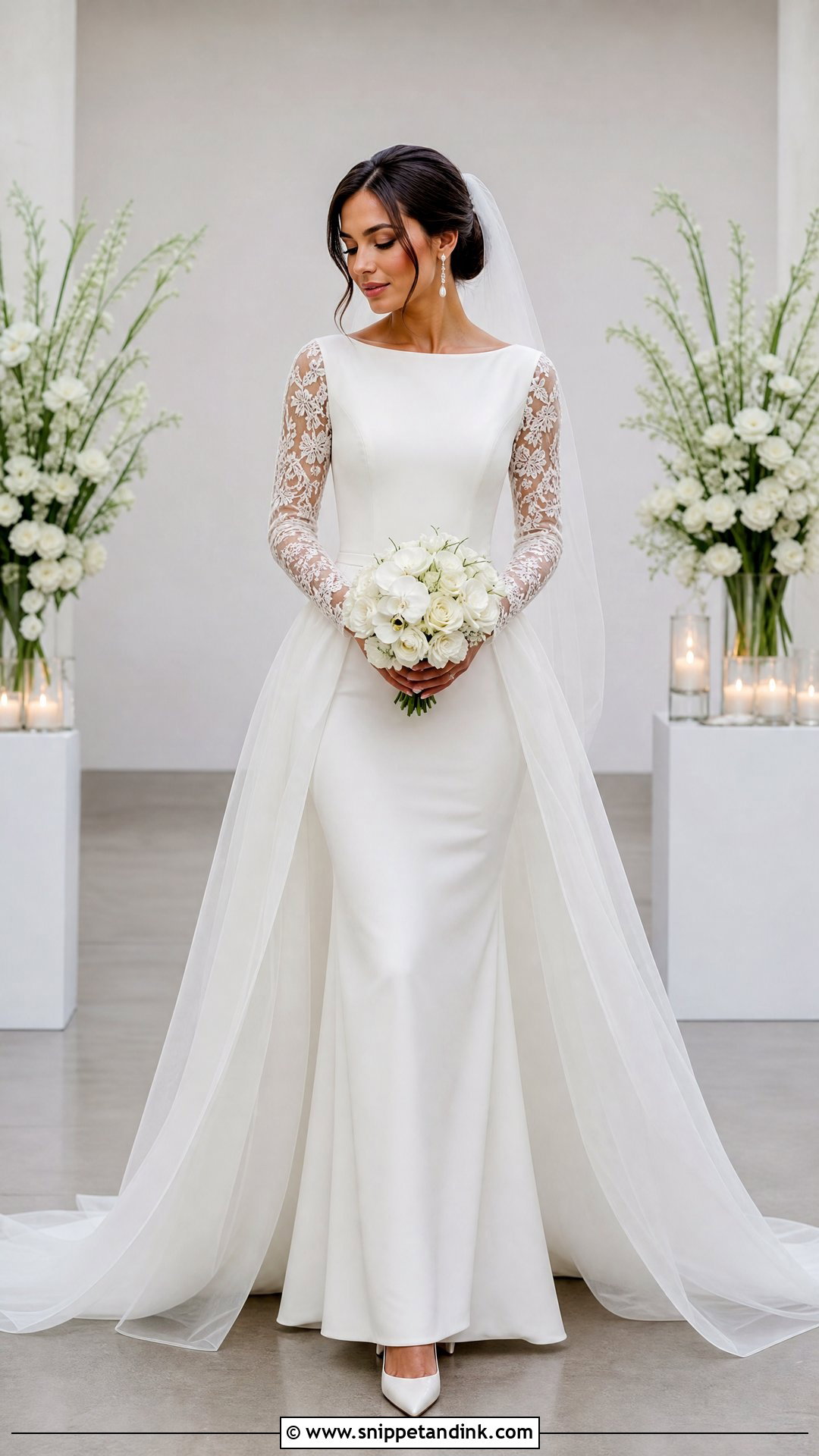 Long Sleeve Wedding Dress With Sheer Overskirt - Snippet and Ink - 20 Removable Skirt Wedding Dress Ideas