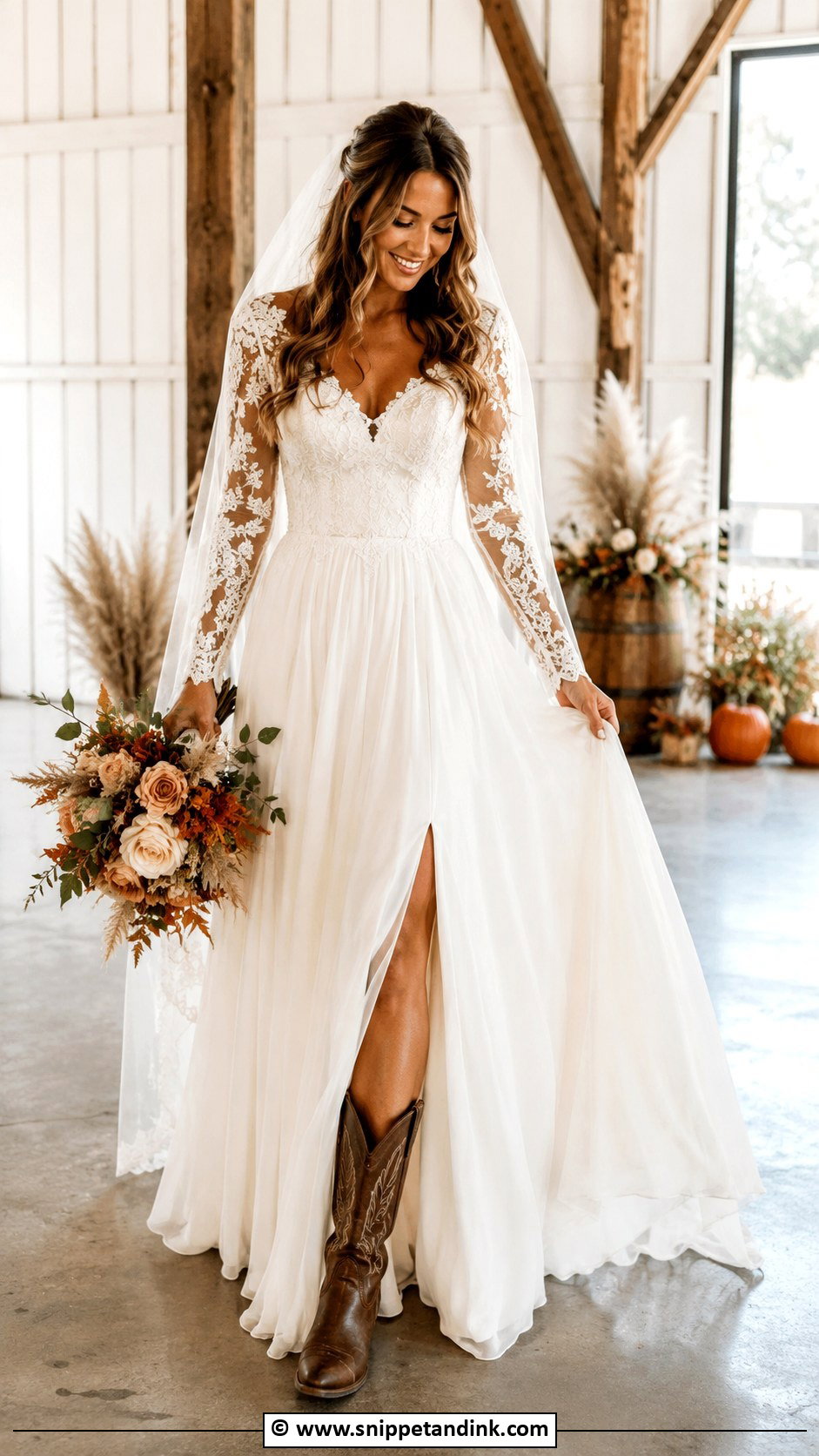 Long Sleeve Western Wedding Dress With Boots - Snippet and Ink - 35 Western Wedding Dresses