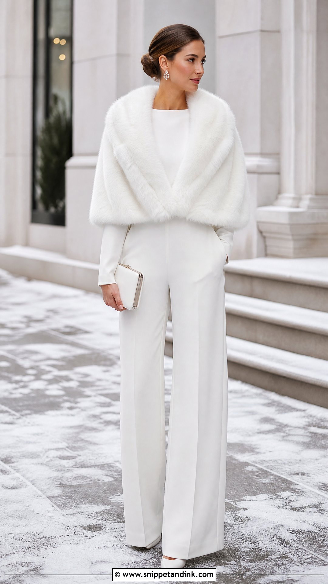 Long Sleeve White Bridal Jumpsuit With Faux Fur Wrap - Snippet and Ink - 20 White Bridal Jumpsuit Ideas