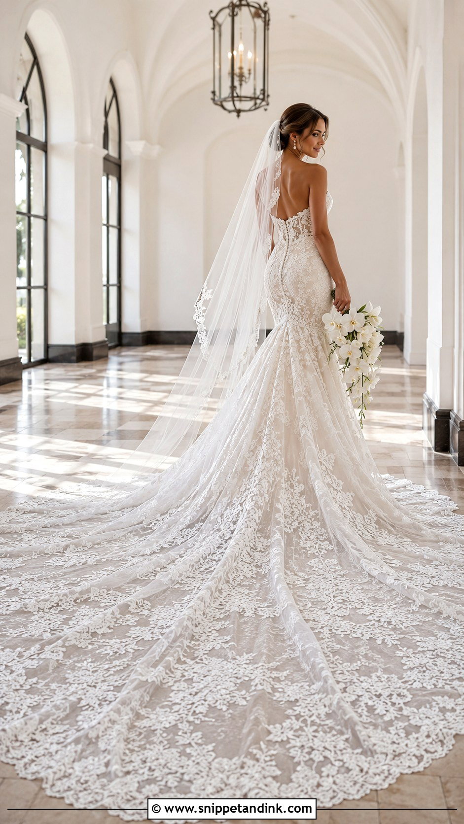 Long Train Lace Mermaid Wedding Dress - Snippet and Ink - 20 Fitted Strapless Lace Wedding Dress Ideas