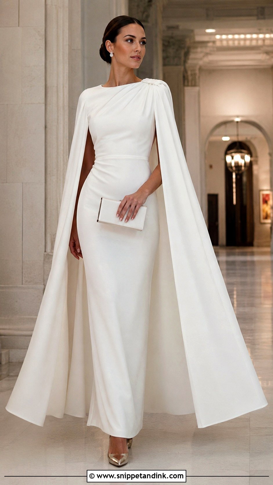 Long White Cape Gown With Minimal Jewelry - Snippet and Ink - 20 Long White Gown Ideas