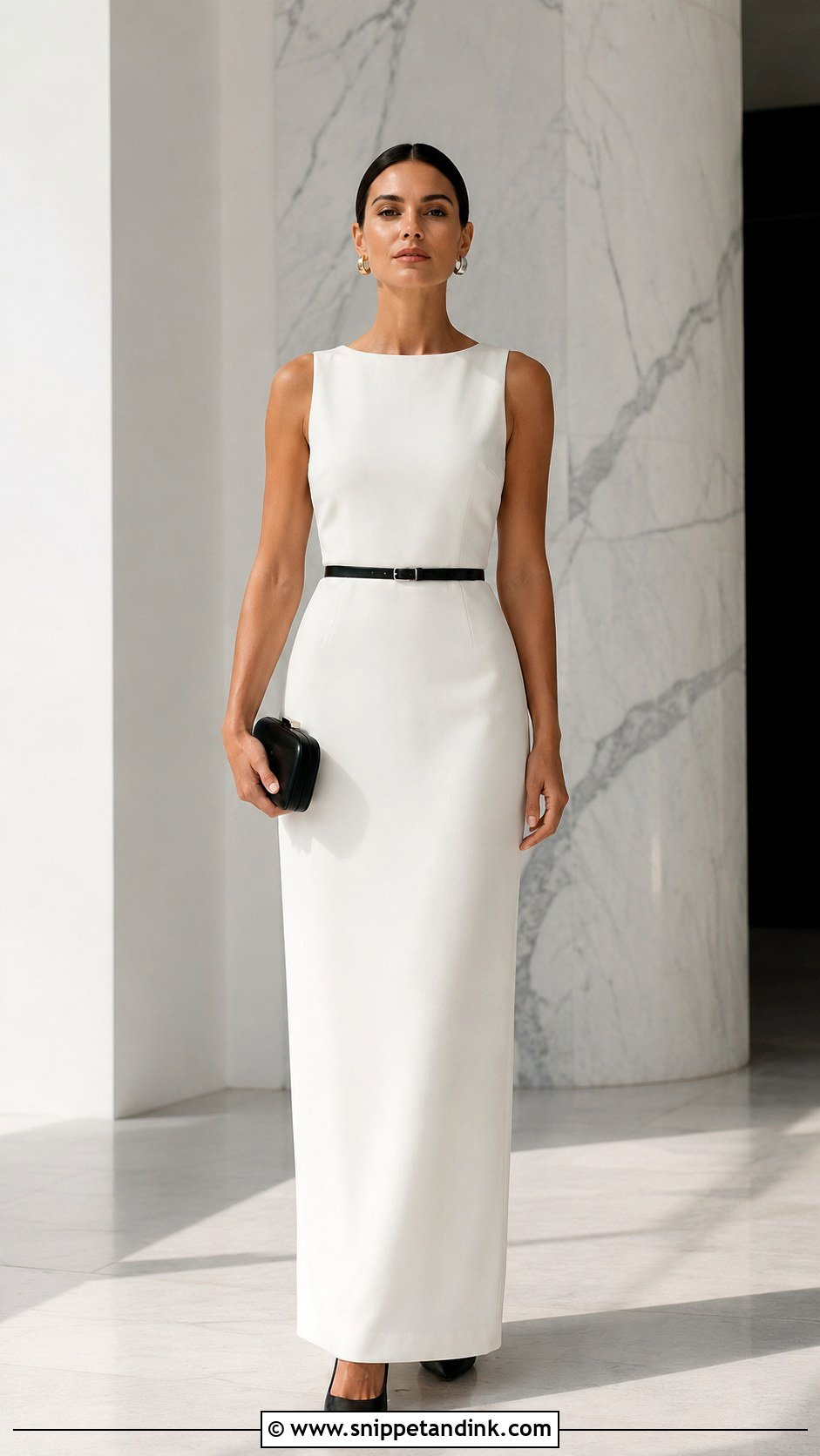 Long White Column Gown With Black Accessories - Snippet and Ink - 20 Long White Gown Ideas