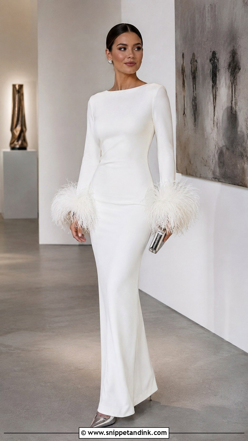 Long White Gown With Feather Trim And Metallic Heels - Snippet and Ink - 20 Long White Gown Ideas