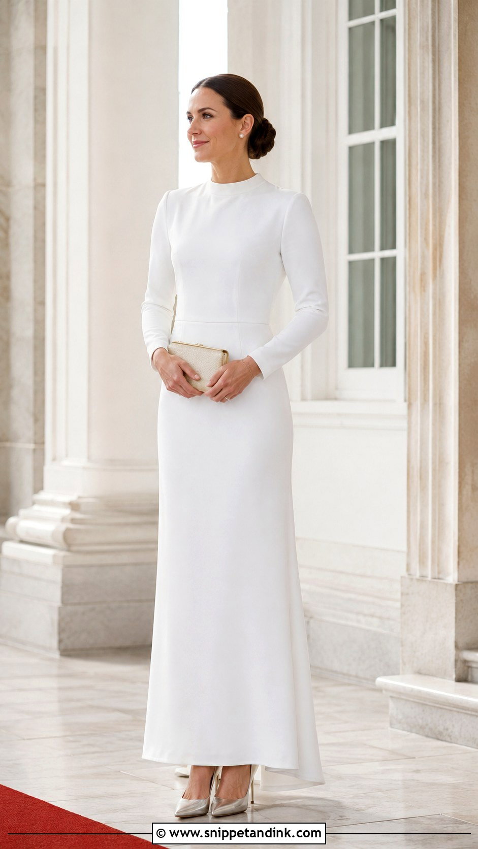 Long White High Neck Gown With Pearl Studs - Snippet and Ink - 20 Long White Gown Ideas