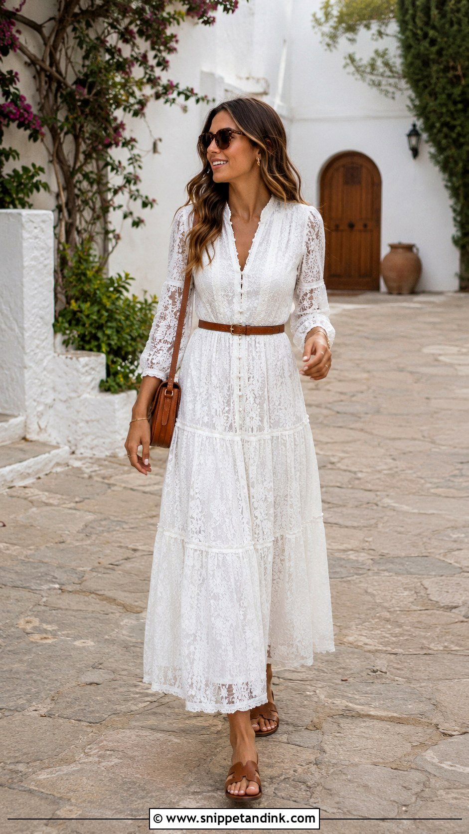 Long White Lace Dress With Brown Leather Accessories - Snippet and Ink - 20 Long White Lace Dress Ideas