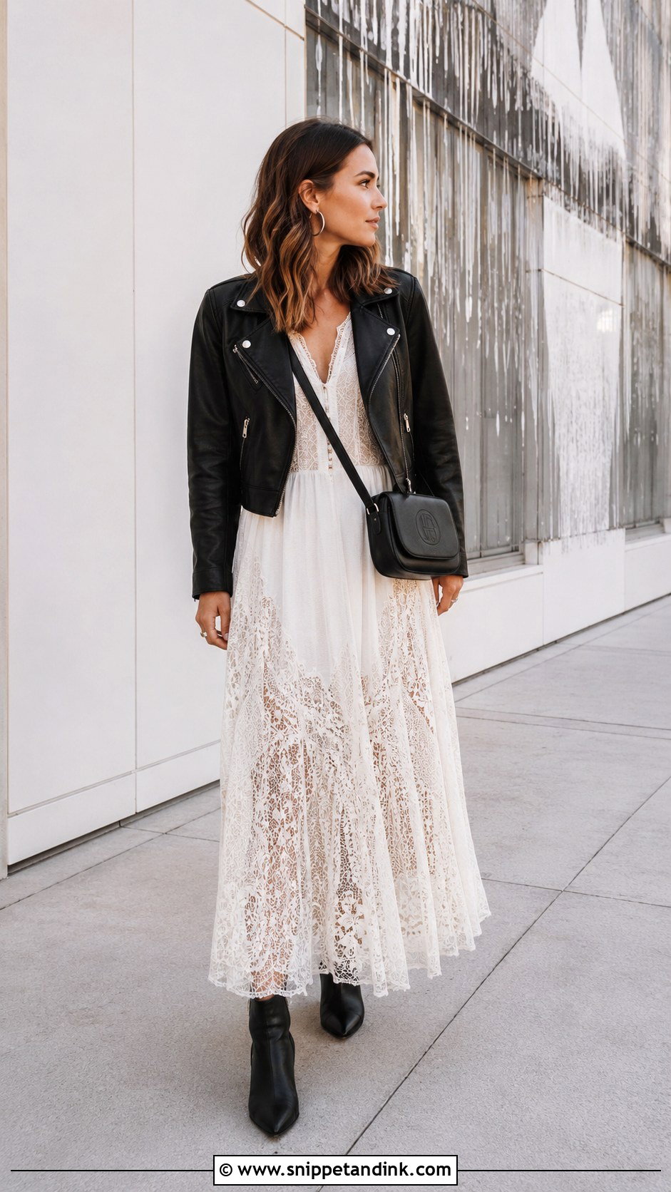 Long White Lace Dress With Leather Jacket - Snippet and Ink - 20 Long White Lace Dress Ideas