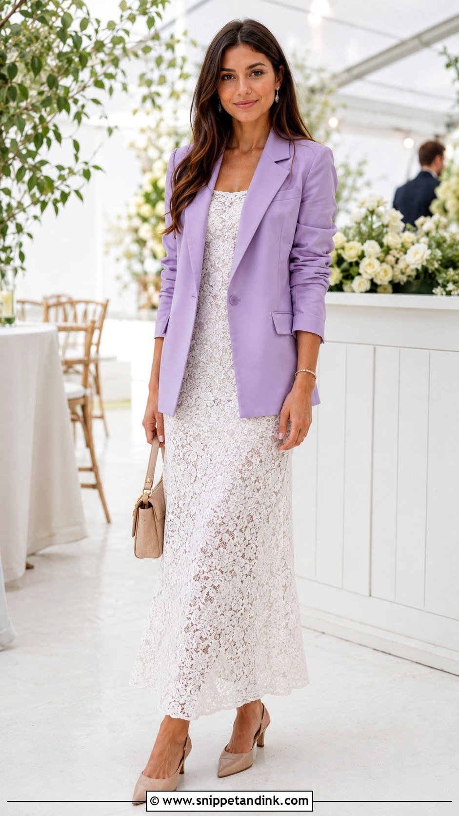 Long White Lace Dress With Pastel Blazer - Snippet and Ink - 20 Long White Lace Dress Ideas