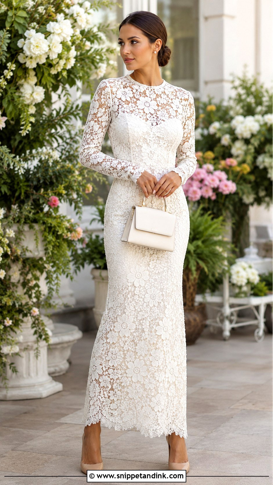 Long White Lace Gown With Nude Heels - Snippet and Ink - 20 Long White Gown Ideas
