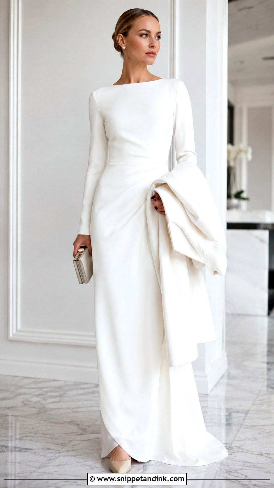 Long White Long Sleeve Gown With Pointed Pumps - Snippet and Ink - 20 Long White Gown Ideas
