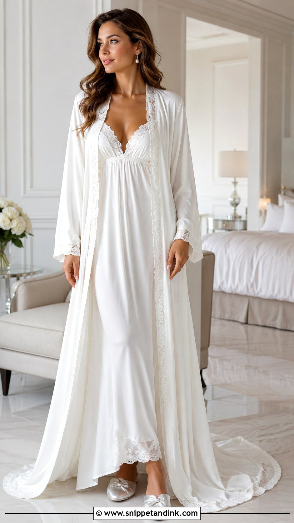 Long White Nightgown With Floor Length Robe - Snippet and Ink - 30 Wedding Lingerie Night Outfit Ideas
