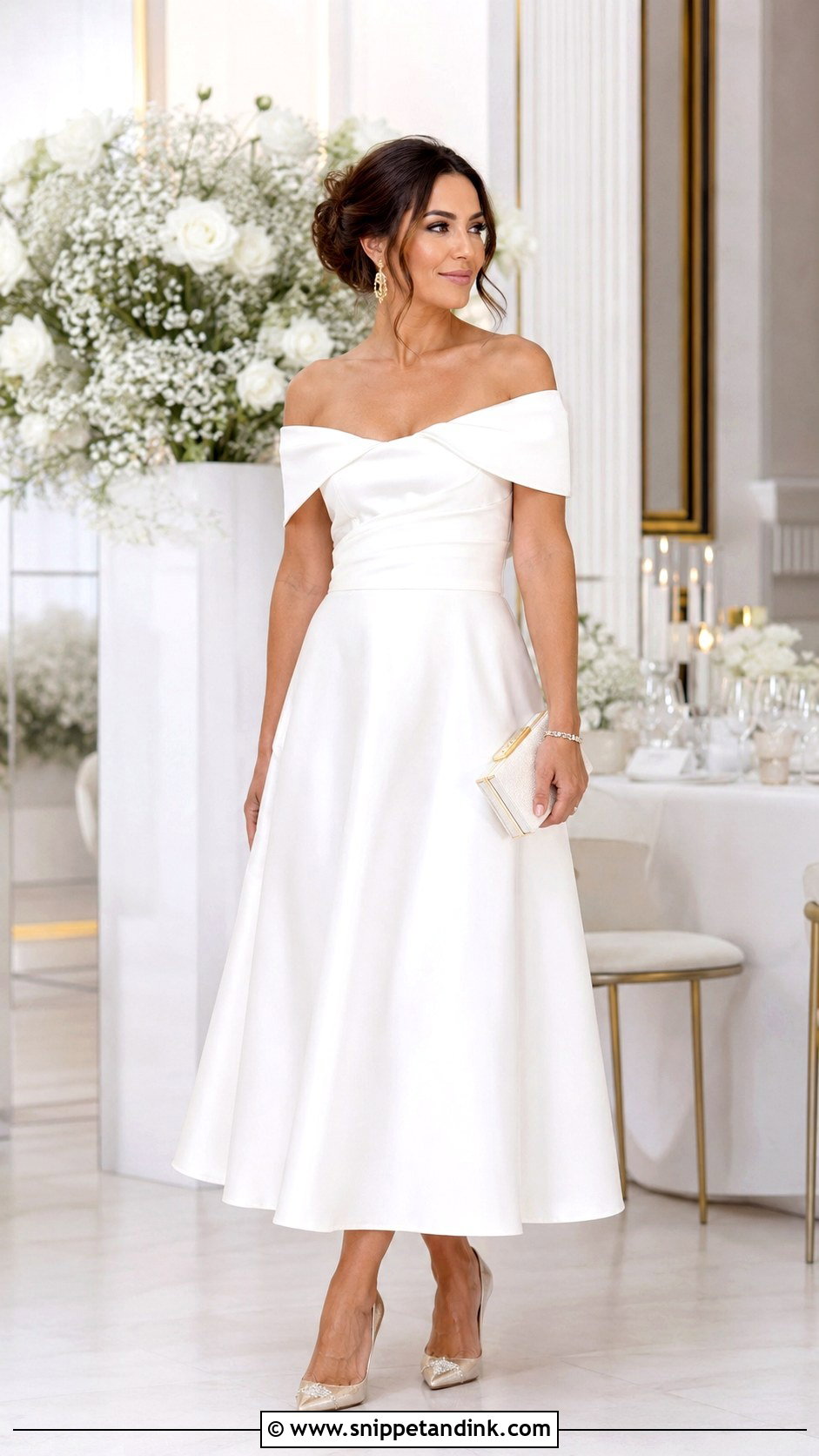 Long White Off Shoulder Gown With Gold Jewelry - Snippet and Ink - 20 Long White Gown Ideas