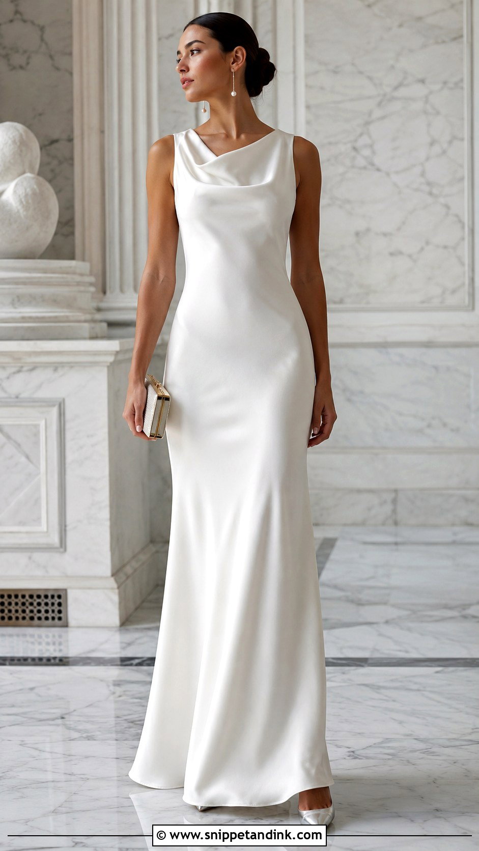 Long White Satin Gown With Pearl Accessories - Snippet and Ink - 20 Long White Gown Ideas