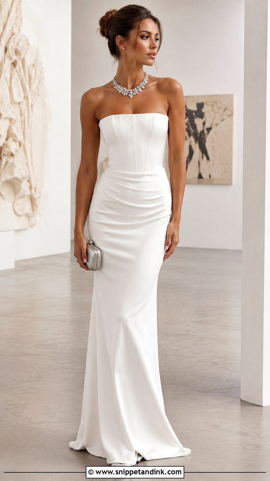 Long White Strapless Gown With Statement Necklace - Snippet and Ink - 20 Long White Gown Ideas
