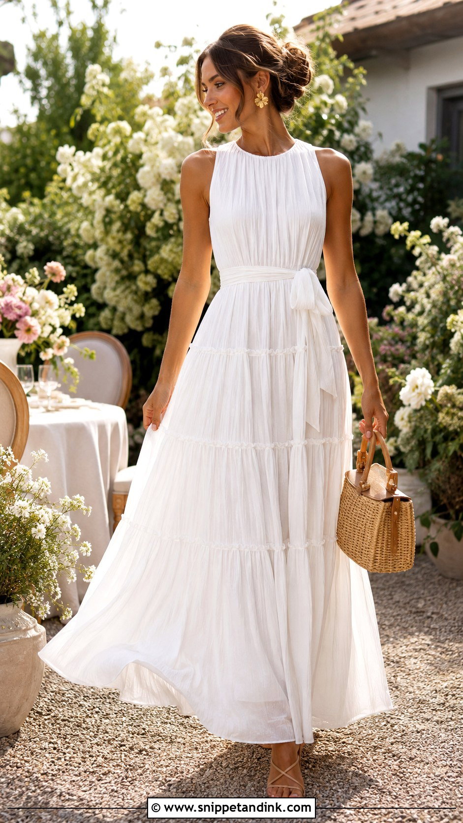 Long White Tiered Gown With Woven Accessories - Snippet and Ink - 20 Long White Gown Ideas