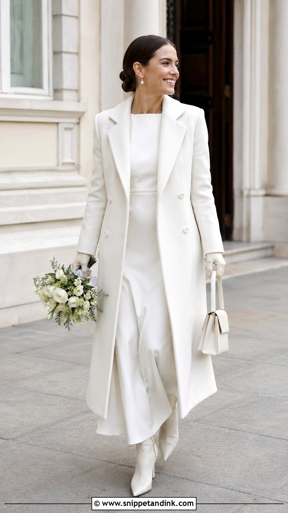 Long Wool Jacket With Crepe Wedding Dress - Snippet and Ink - 20 Wedding Dress with Jacket Ideas
