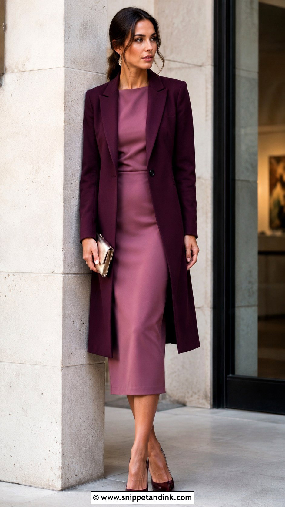 Longline Blazer With Column Midi Dress - Snippet and Ink - 20 Blazer Outfit for Wedding Ideas
