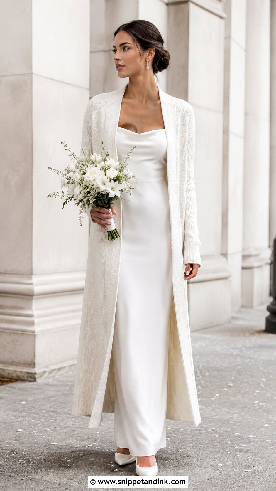 Longline Bridal Cardigan With Column Wedding Dress - Snippet and Ink - 20 Bridal Cardigan Ideas