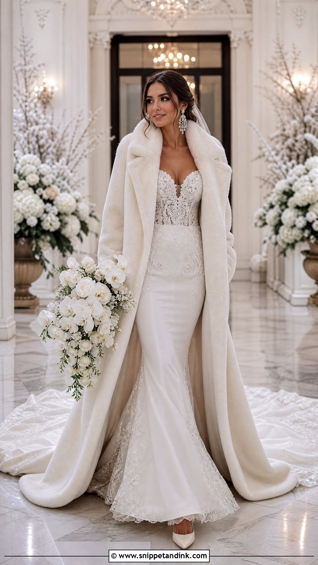 Longline Fur Coat With Mermaid Wedding Dress - Snippet and Ink - 20 Wedding Fur Coat Ideas