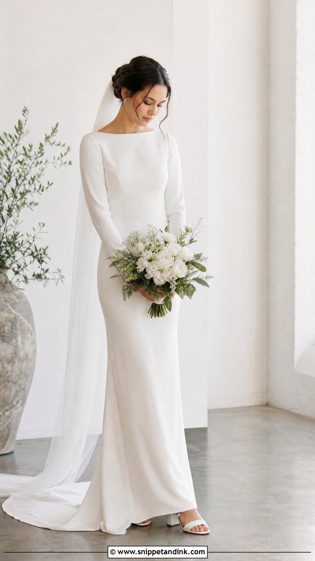 Looking Down at Bouquet Wedding Dress Pose - Snippet and Ink - 20 Wedding Dress Poses Ideas
