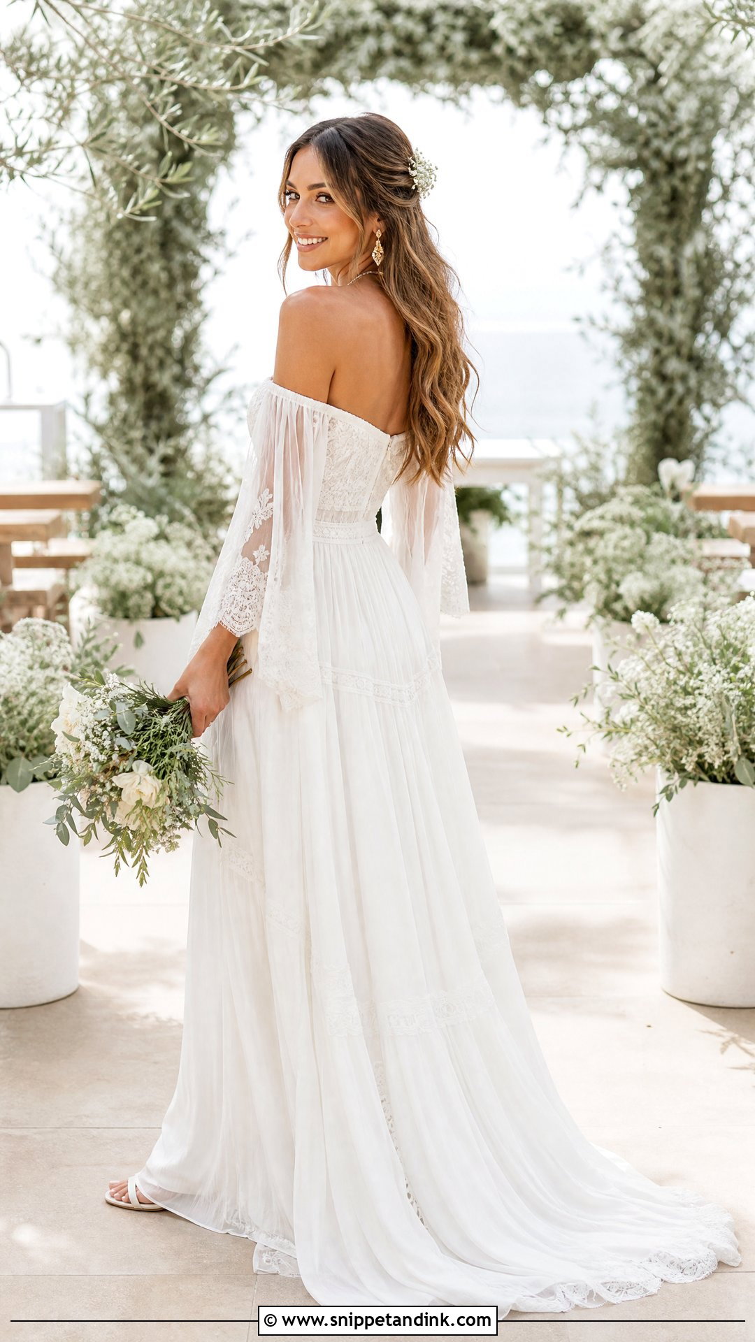 Loose Waves for Off the Shoulder Wedding Dress - Snippet and Ink - 25 Off the Shoulder Wedding Dress Hairstyle Ideas